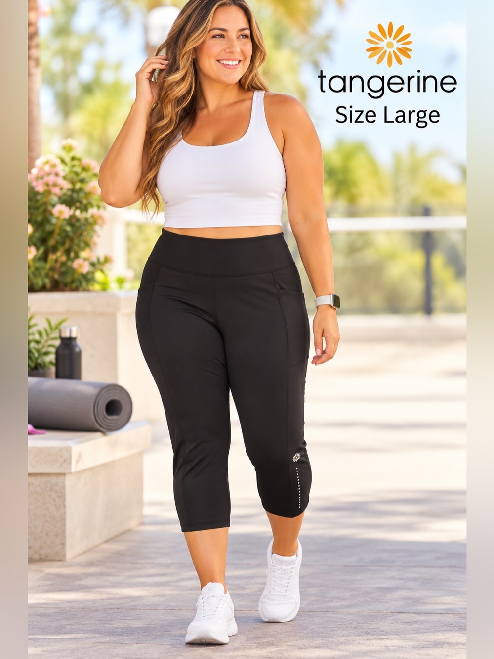 Tangerine Large Black Capri Leggings High Waist Pockets Athletic Yoga Workout